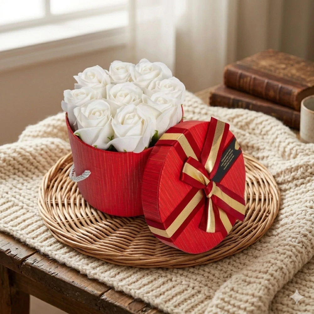Ava - Červený Flower Box s Bílými růžemi
