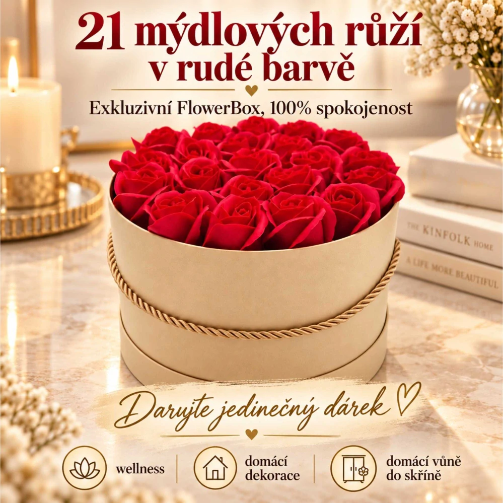 Carmelia | 21 červených mýdlových růží v dárkovém boxu