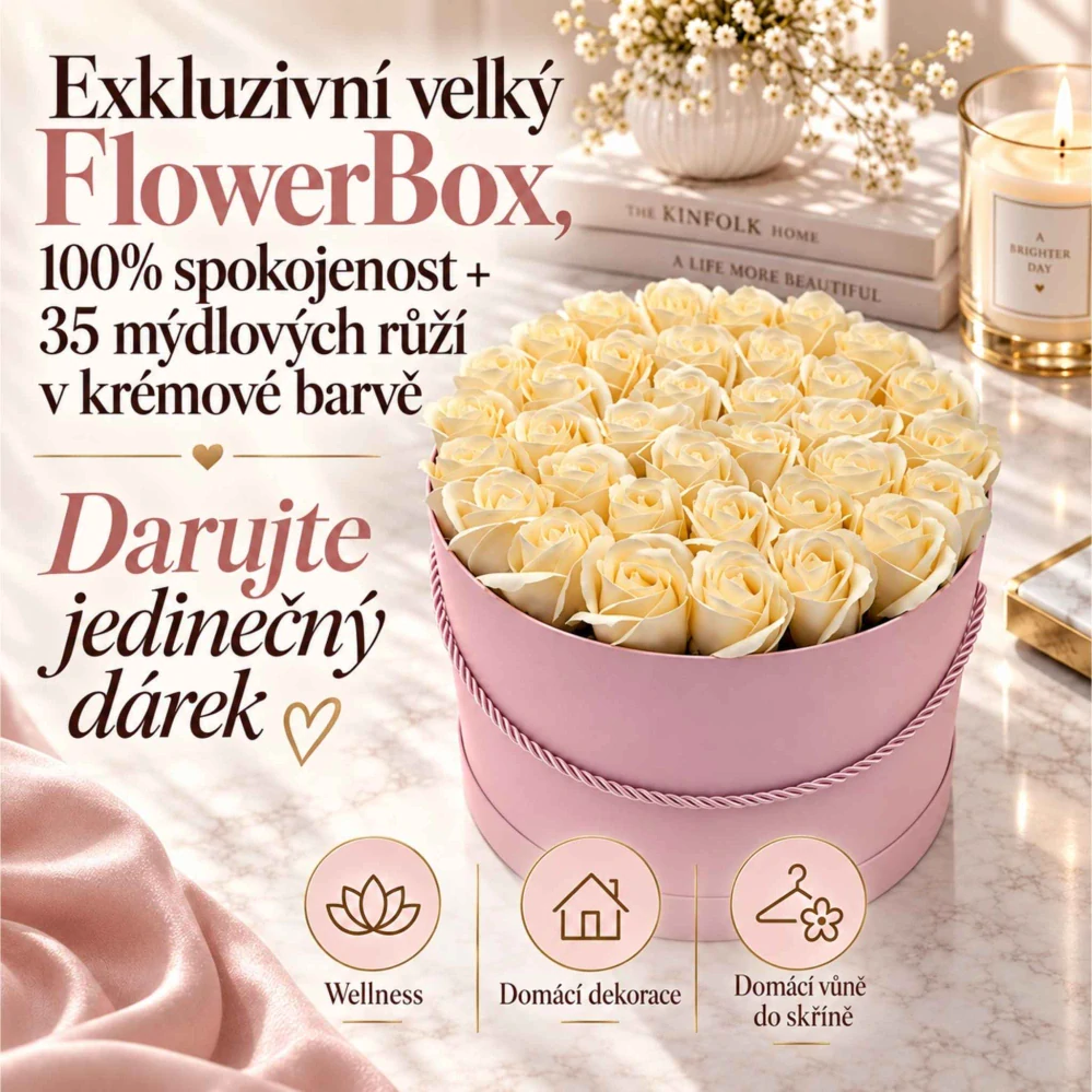 Eleganta XL | 35 krémových mýdlových růží v dárkovém boxu