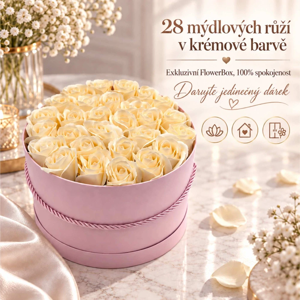 Eleganta kytice | 28 krémových mýdlových růží v dárkovém boxu