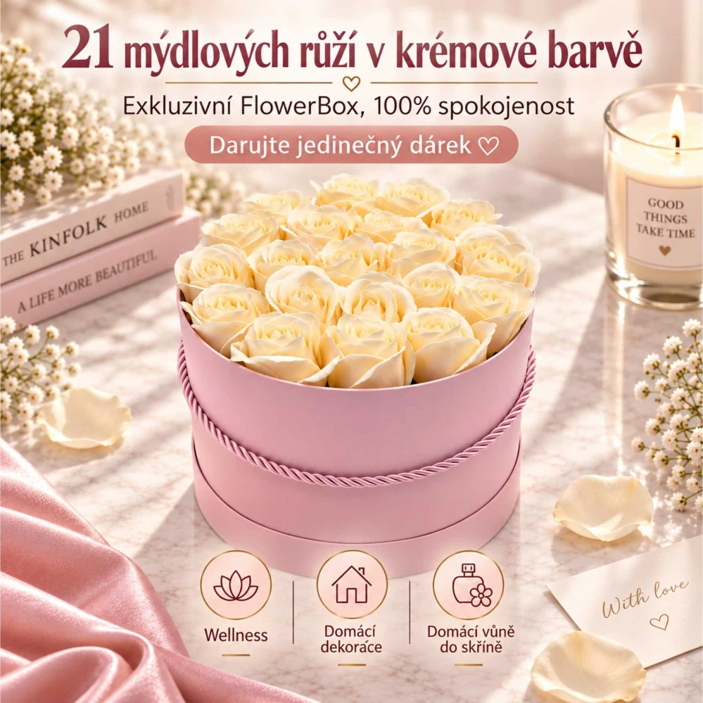 Eleganta kytice | 21 krémových mýdlových růží v dárkovém boxu