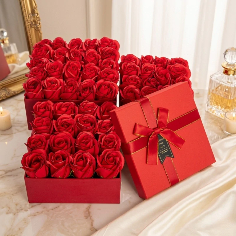 Mýdlová kytice Roseluxe M | Červený Čtvercový Flower Box