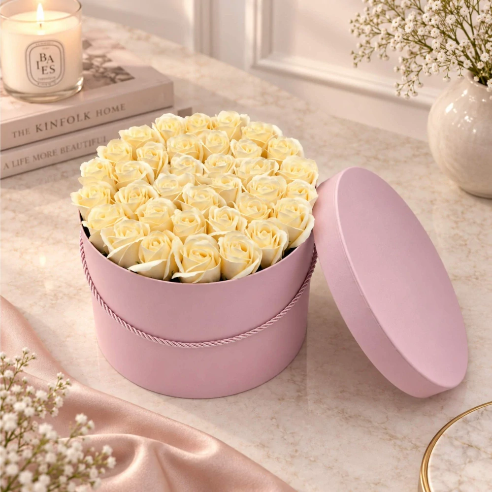 Eleganta XL | 35 krémových mýdlových růží v dárkovém boxu