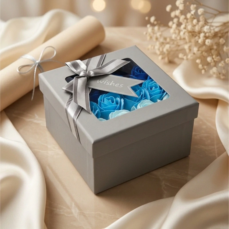 Mýdlová kytice Celestia | Šedý čtvercový Flower Box